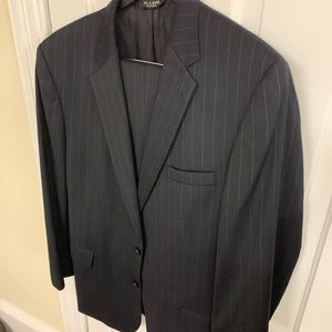 Barley worn dark blue striped suit Jos A. Bank. 46